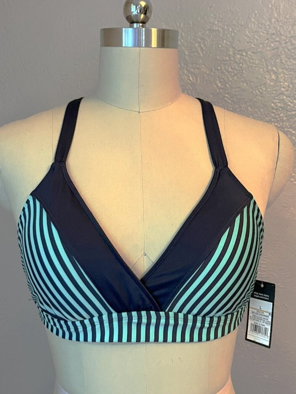 Mossimo Mint Green & Charcoal Grey Striped Crisscross Back Bikini Top Large NWT - Picture 2 of 7